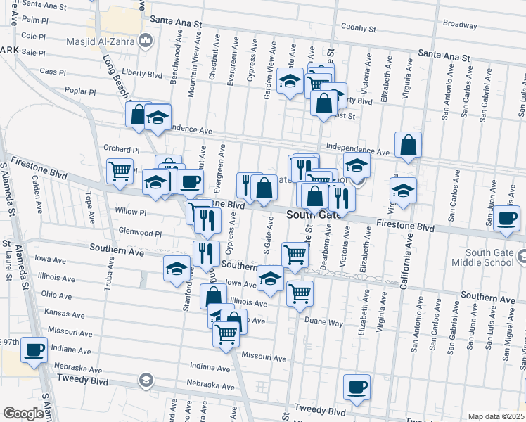 map of restaurants, bars, coffee shops, grocery stores, and more near 3116 Firestone Boulevard in South Gate