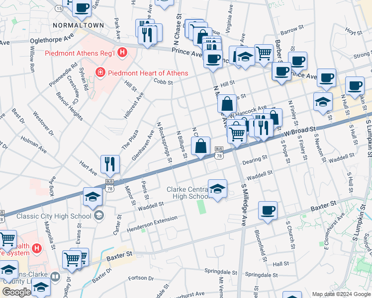 map of restaurants, bars, coffee shops, grocery stores, and more near 987 Reese Street in Athens