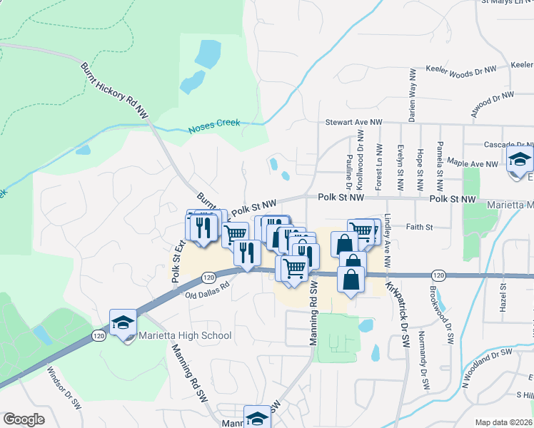 map of restaurants, bars, coffee shops, grocery stores, and more near 870 Polk Street Northwest in Marietta