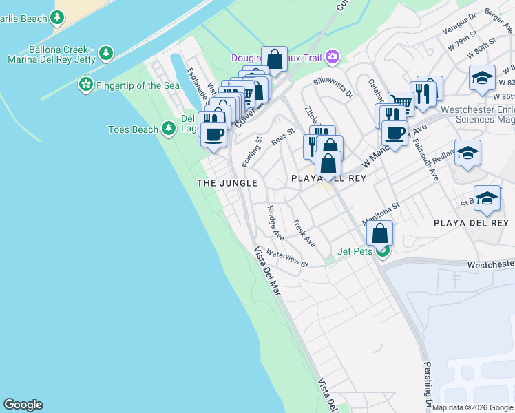 map of restaurants, bars, coffee shops, grocery stores, and more near 7035 Vista Del Mar Lane in Los Angeles