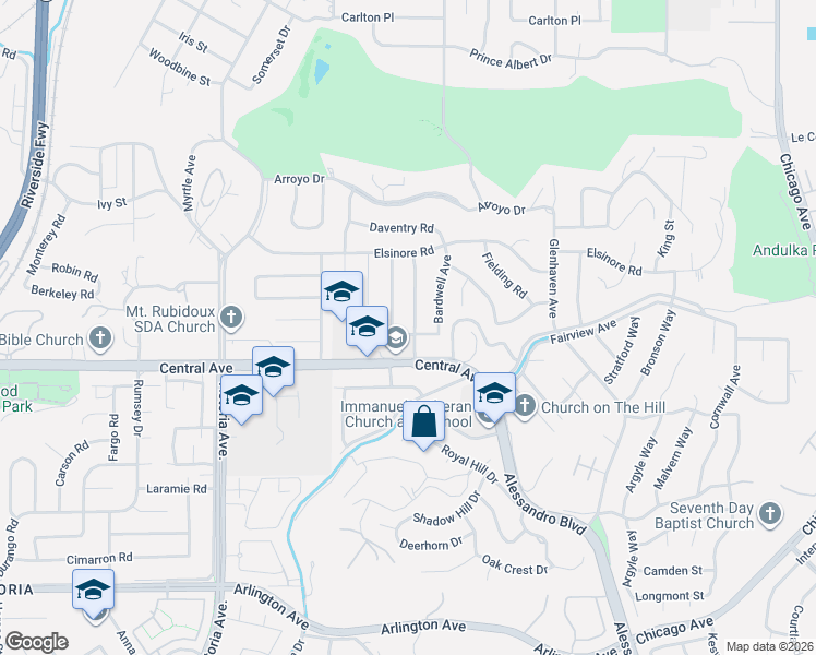 map of restaurants, bars, coffee shops, grocery stores, and more near 5323 Falkirk Avenue in Riverside