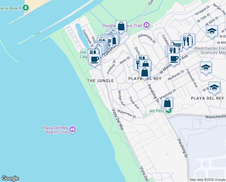 map of restaurants, bars, coffee shops, grocery stores, and more near 7035 Vista Del Mar Lane in Los Angeles