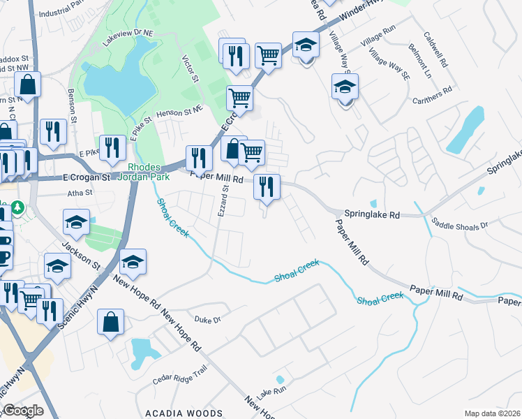 map of restaurants, bars, coffee shops, grocery stores, and more near 181 Green Bridge Court Southeast in Lawrenceville