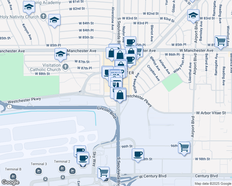 map of restaurants, bars, coffee shops, grocery stores, and more near 8939 South Sepulveda Boulevard in Los Angeles