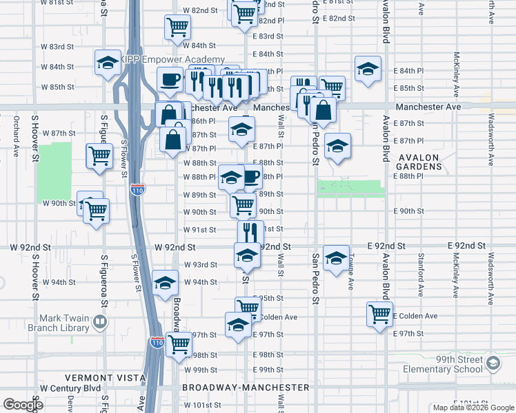 map of restaurants, bars, coffee shops, grocery stores, and more near 119 East 90th Street in Los Angeles