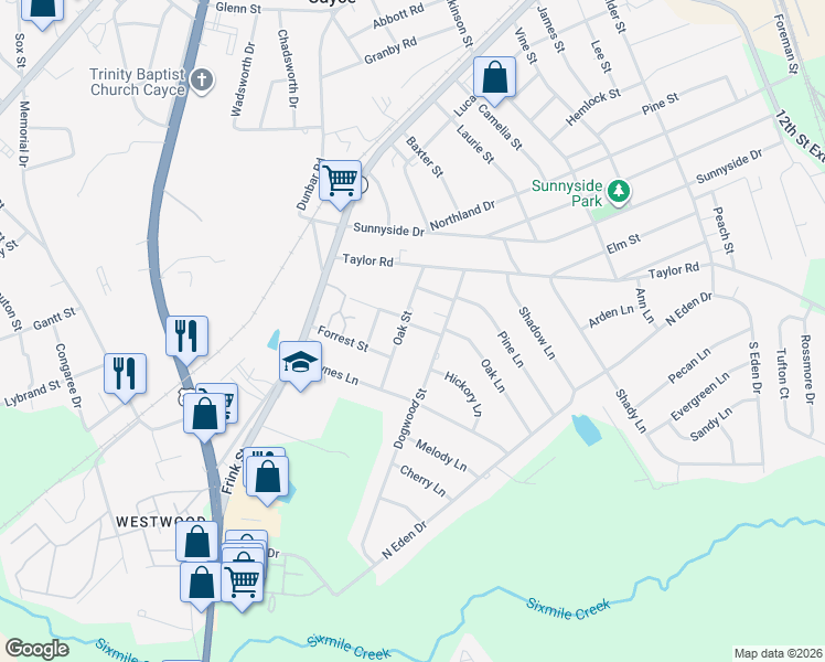map of restaurants, bars, coffee shops, grocery stores, and more near 1627 Oak Street in Cayce