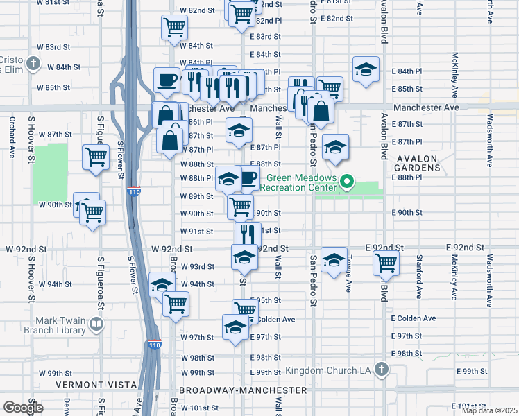 map of restaurants, bars, coffee shops, grocery stores, and more near 125 East 90th Street in Los Angeles