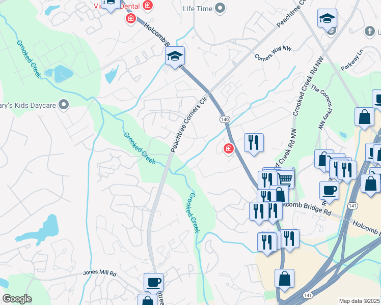 map of restaurants, bars, coffee shops, grocery stores, and more near 6350 Hawthorne Terrace in Peachtree Corners