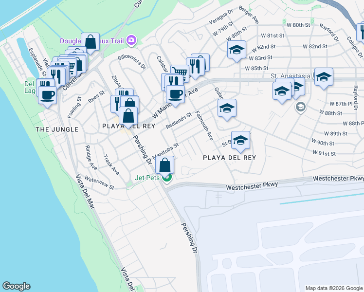 map of restaurants, bars, coffee shops, grocery stores, and more near 8180 Manitoba Street in Los Angeles