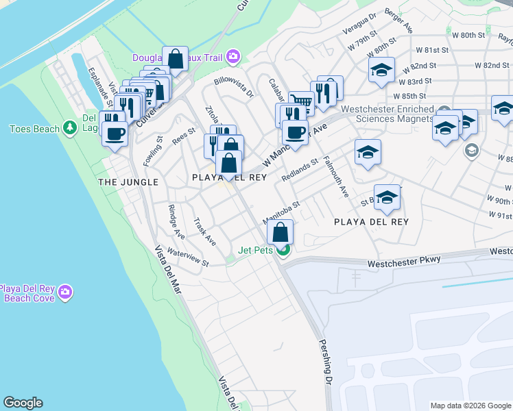 map of restaurants, bars, coffee shops, grocery stores, and more near 8700 Pershing Drive in Los Angeles