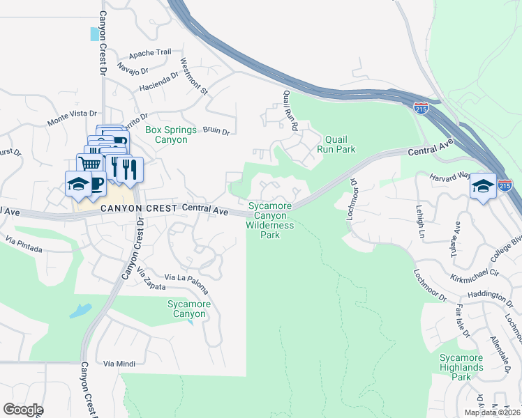 map of restaurants, bars, coffee shops, grocery stores, and more near 375 Central Avenue in Riverside