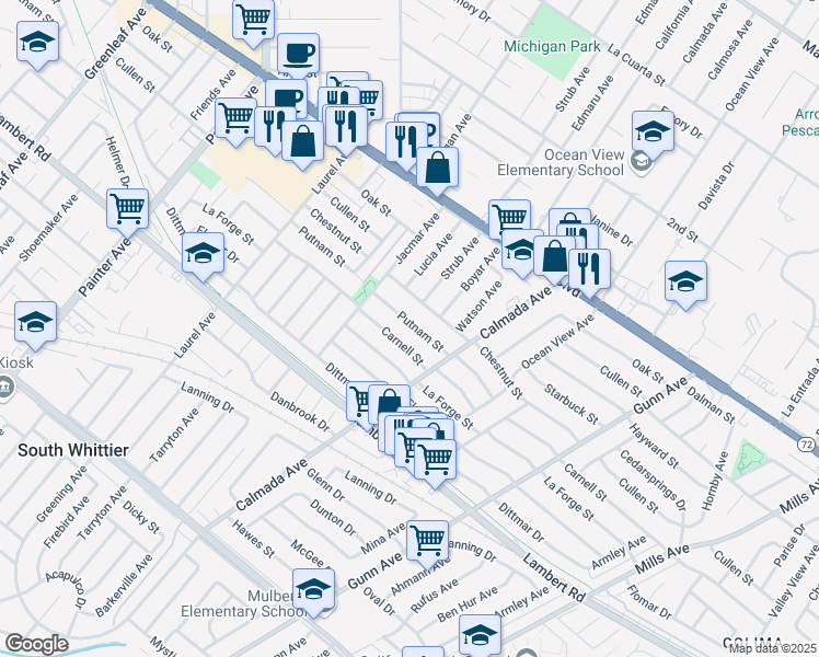 map of restaurants, bars, coffee shops, grocery stores, and more near 13958 Putnam Street in Whittier