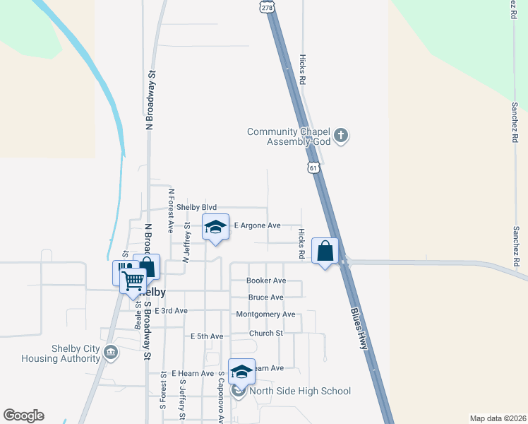 map of restaurants, bars, coffee shops, grocery stores, and more near 501-599 North Dianne Street in Shelby