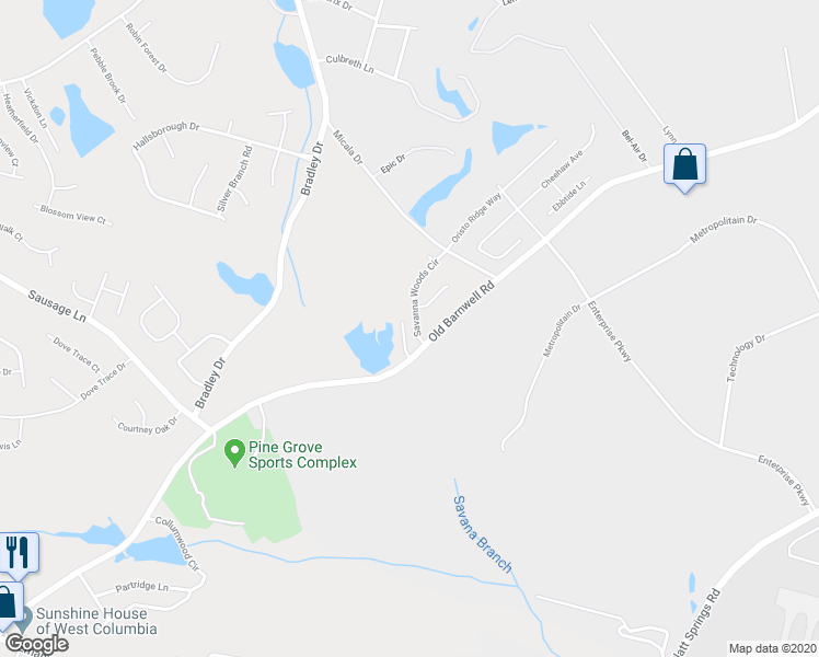map of restaurants, bars, coffee shops, grocery stores, and more near 107 Savanna Woods Circle in West Columbia