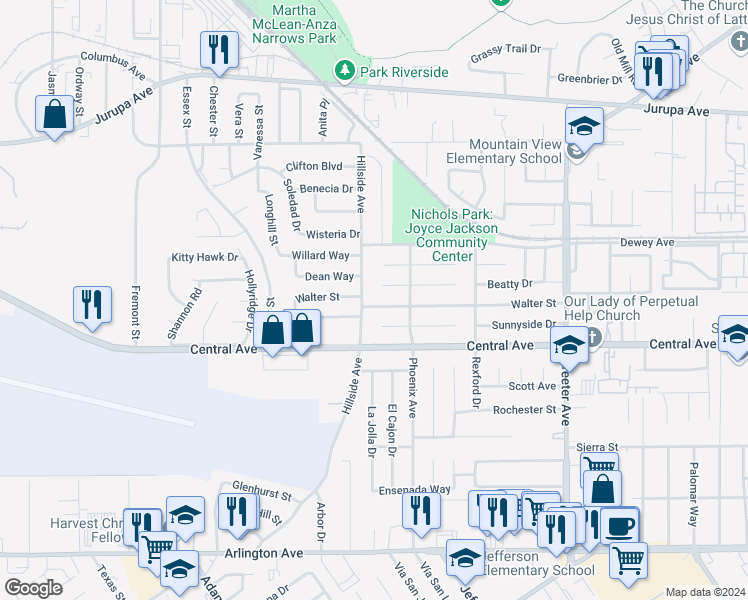 map of restaurants, bars, coffee shops, grocery stores, and more near 5671 Walter Street in Riverside
