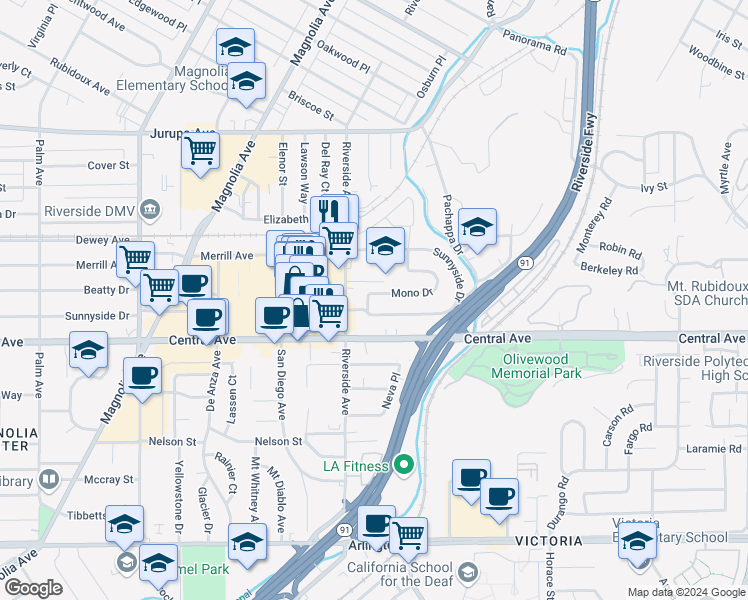 map of restaurants, bars, coffee shops, grocery stores, and more near 3480 Mono Drive in Riverside