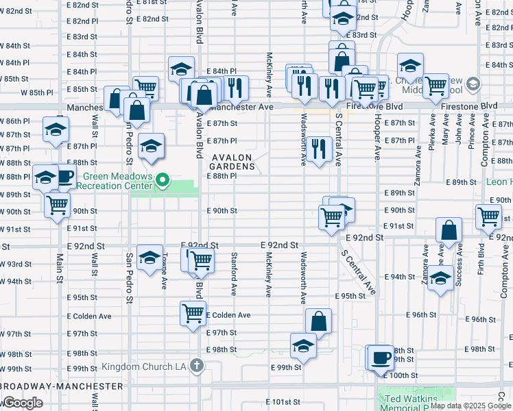 map of restaurants, bars, coffee shops, grocery stores, and more near 742 East 89th Street in Los Angeles