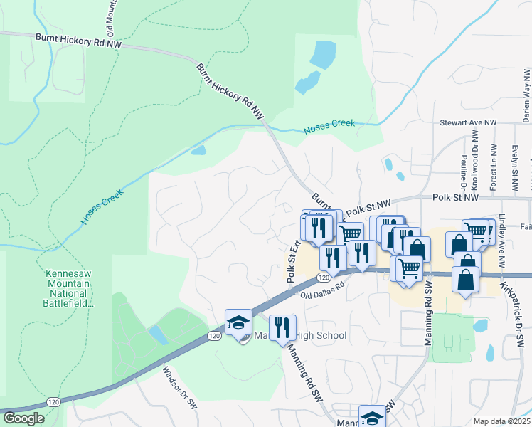 map of restaurants, bars, coffee shops, grocery stores, and more near 1001 Burnt Hickory Road Northwest in Marietta