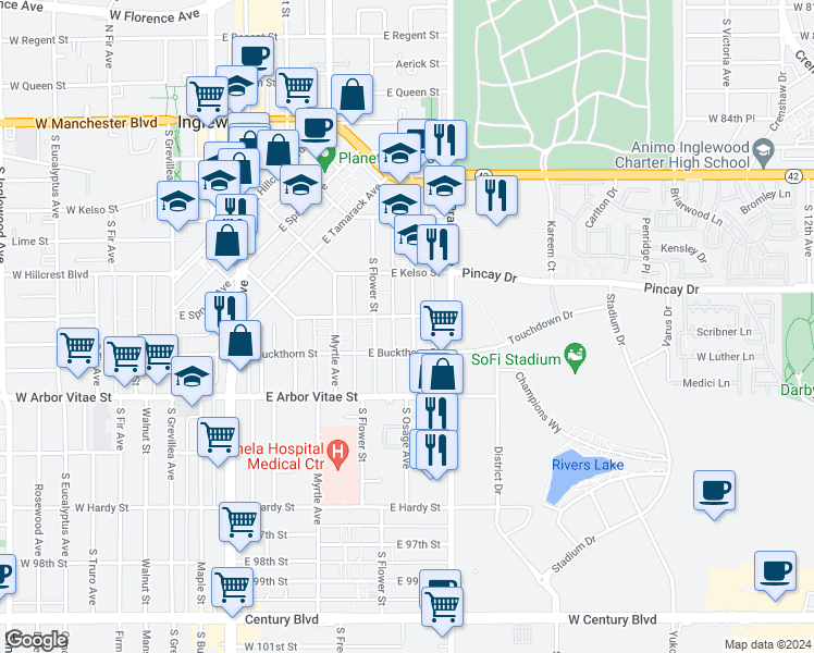 map of restaurants, bars, coffee shops, grocery stores, and more near 707 South Osage Avenue in Inglewood