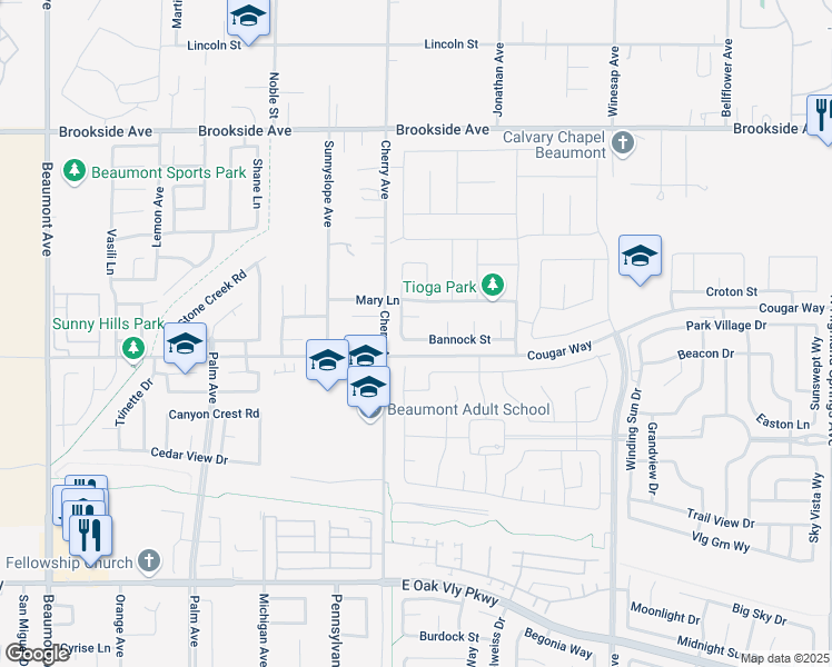 map of restaurants, bars, coffee shops, grocery stores, and more near 1316 Bannock Street in Beaumont