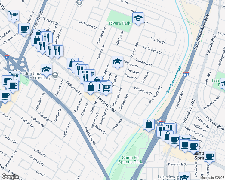 map of restaurants, bars, coffee shops, grocery stores, and more near 8818 Songfest Drive in Pico Rivera