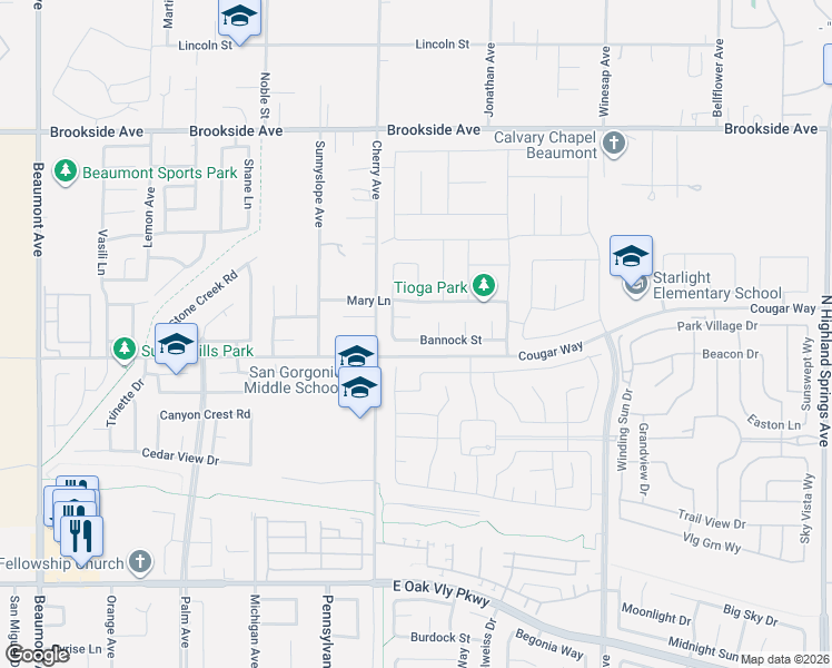 map of restaurants, bars, coffee shops, grocery stores, and more near 1322 Bannock Street in Beaumont