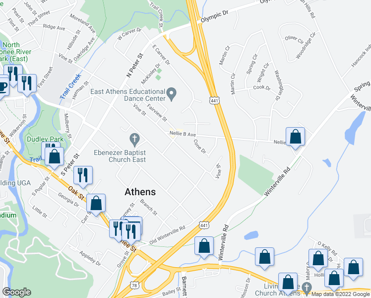 map of restaurants, bars, coffee shops, grocery stores, and more near 633 Vine Street in Athens