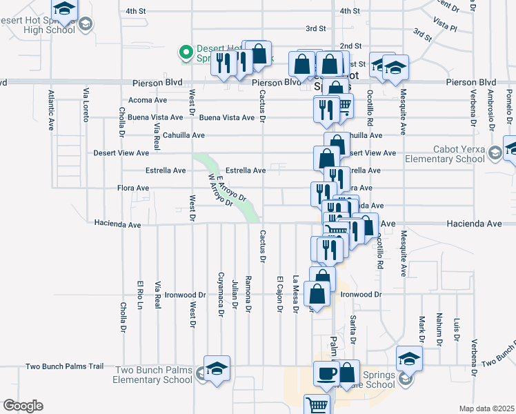 map of restaurants, bars, coffee shops, grocery stores, and more near 66201 Flora Avenue in Desert Hot Springs