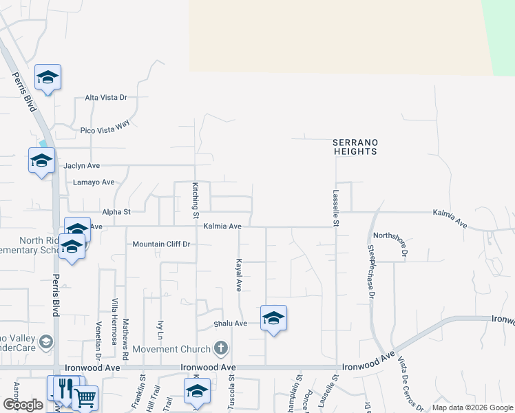 map of restaurants, bars, coffee shops, grocery stores, and more near 25647 San Thomas Street in Moreno Valley