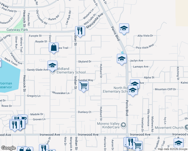map of restaurants, bars, coffee shops, grocery stores, and more near 24824 Moontide Lane in Moreno Valley