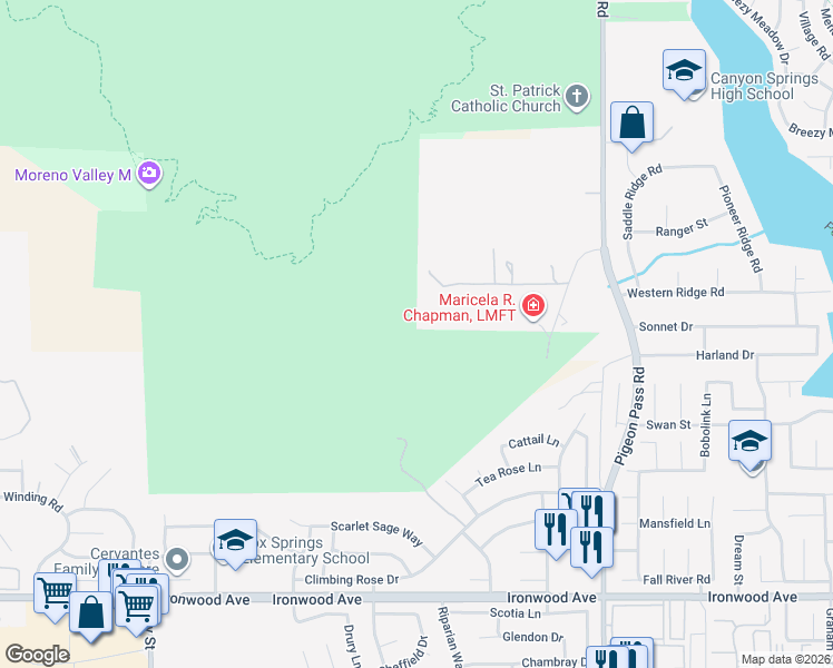 map of restaurants, bars, coffee shops, grocery stores, and more near Squab Road in Moreno Valley