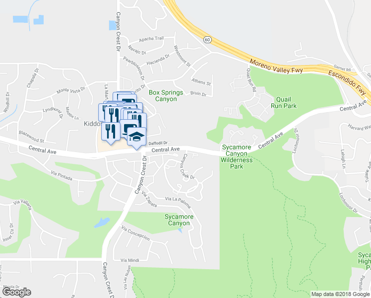map of restaurants, bars, coffee shops, grocery stores, and more near 601 Central Avenue in Riverside