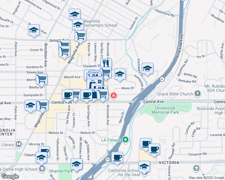 map of restaurants, bars, coffee shops, grocery stores, and more near 3483 Mono Drive in Riverside