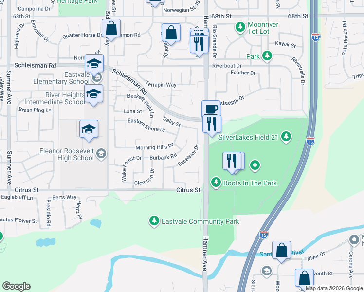 map of restaurants, bars, coffee shops, grocery stores, and more near 7284 Morning Hills Road in Corona