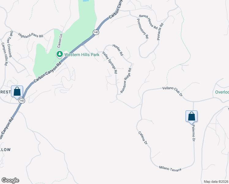 map of restaurants, bars, coffee shops, grocery stores, and more near 16388 Valley Springs Road in Chino Hills