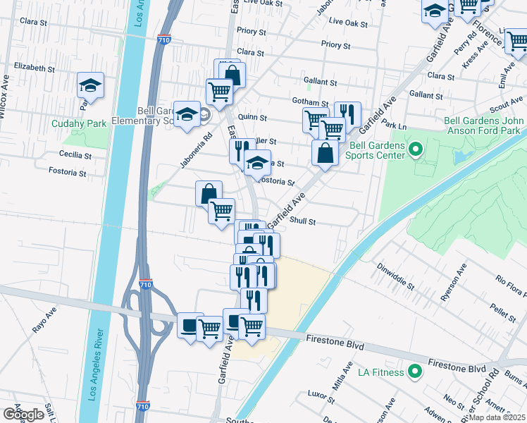 map of restaurants, bars, coffee shops, grocery stores, and more near 8329 Eastern Avenue in Bell Gardens