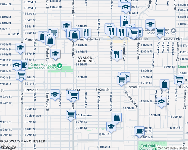 map of restaurants, bars, coffee shops, grocery stores, and more near 742 East 89th Street in Los Angeles