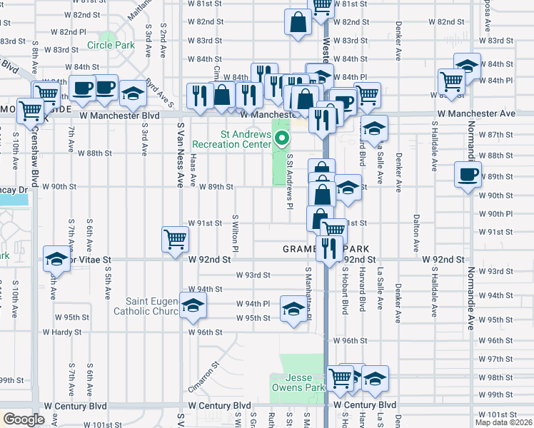 map of restaurants, bars, coffee shops, grocery stores, and more near 8925 Ruthelen Street in Los Angeles