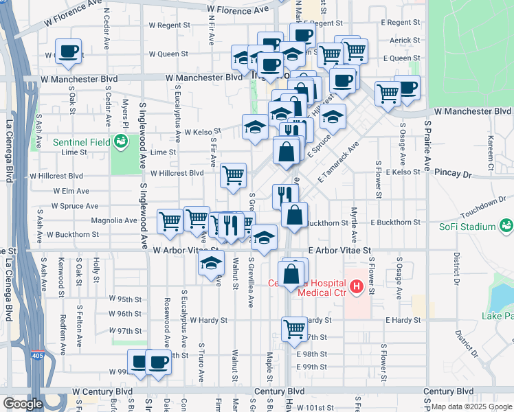 map of restaurants, bars, coffee shops, grocery stores, and more near 708 South Grevillea Avenue in Inglewood