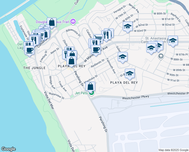 map of restaurants, bars, coffee shops, grocery stores, and more near 8738 Delgany Avenue in Los Angeles