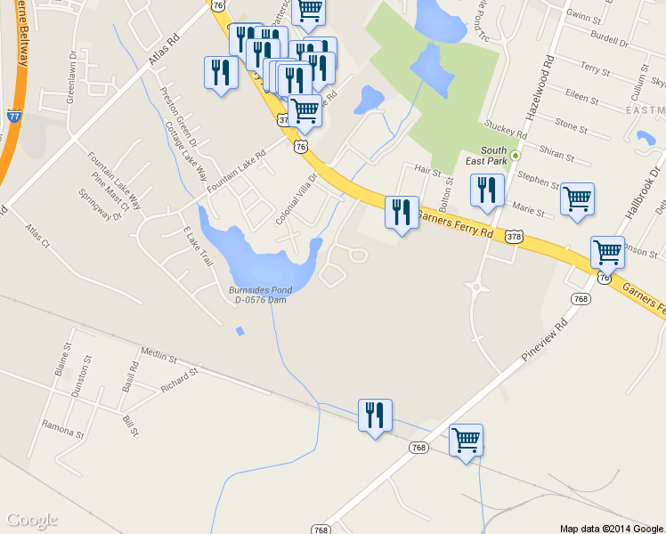 map of restaurants, bars, coffee shops, grocery stores, and more near 7651 Garners Ferry Road in Columbia