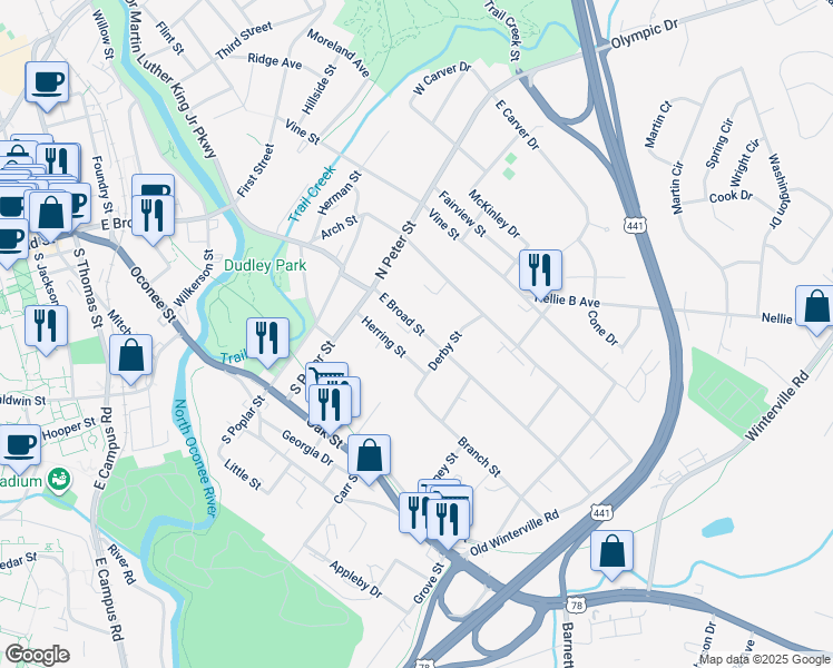 map of restaurants, bars, coffee shops, grocery stores, and more near 1455 East Broad Street in Athens
