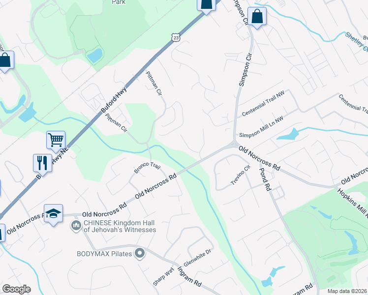 map of restaurants, bars, coffee shops, grocery stores, and more near 2654 Meadow Bend Court Northwest in Duluth