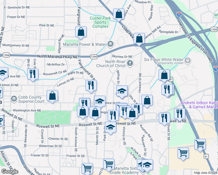 map of restaurants, bars, coffee shops, grocery stores, and more near 188 Austin Avenue Northeast in Marietta