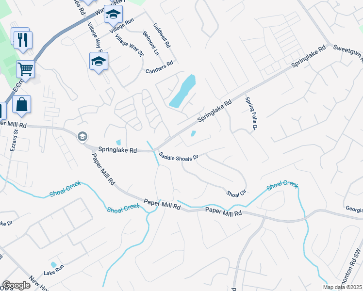 map of restaurants, bars, coffee shops, grocery stores, and more near 325 Springlake Drive in Lawrenceville