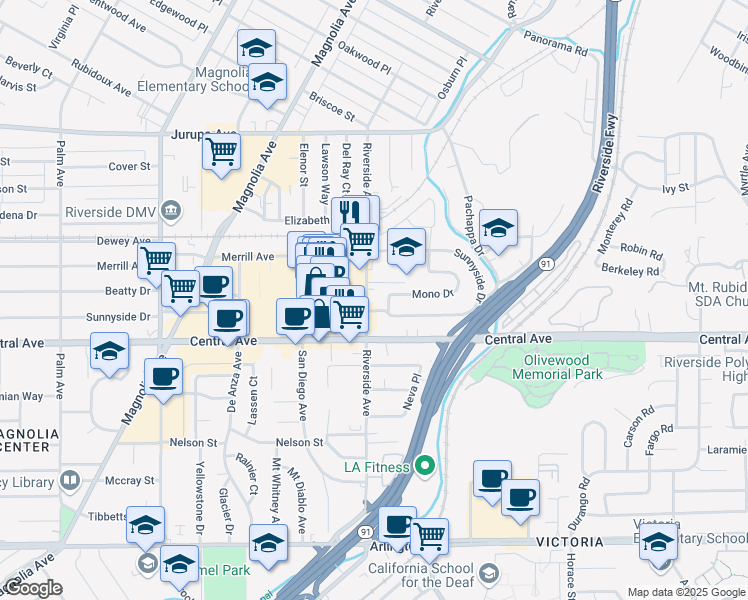 map of restaurants, bars, coffee shops, grocery stores, and more near 6248 Riverside Avenue in Riverside