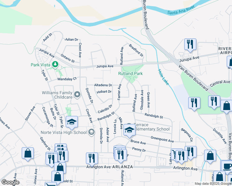 map of restaurants, bars, coffee shops, grocery stores, and more near 6835 Farrier Avenue in Riverside