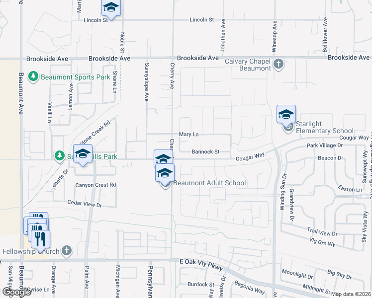 map of restaurants, bars, coffee shops, grocery stores, and more near 1316 Bannock Street in Beaumont