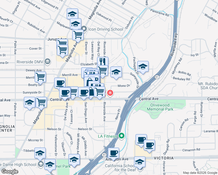 map of restaurants, bars, coffee shops, grocery stores, and more near 3495 Mono Drive in Riverside