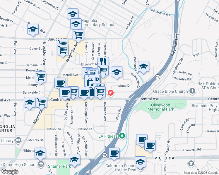 map of restaurants, bars, coffee shops, grocery stores, and more near 3483 Mono Drive in Riverside